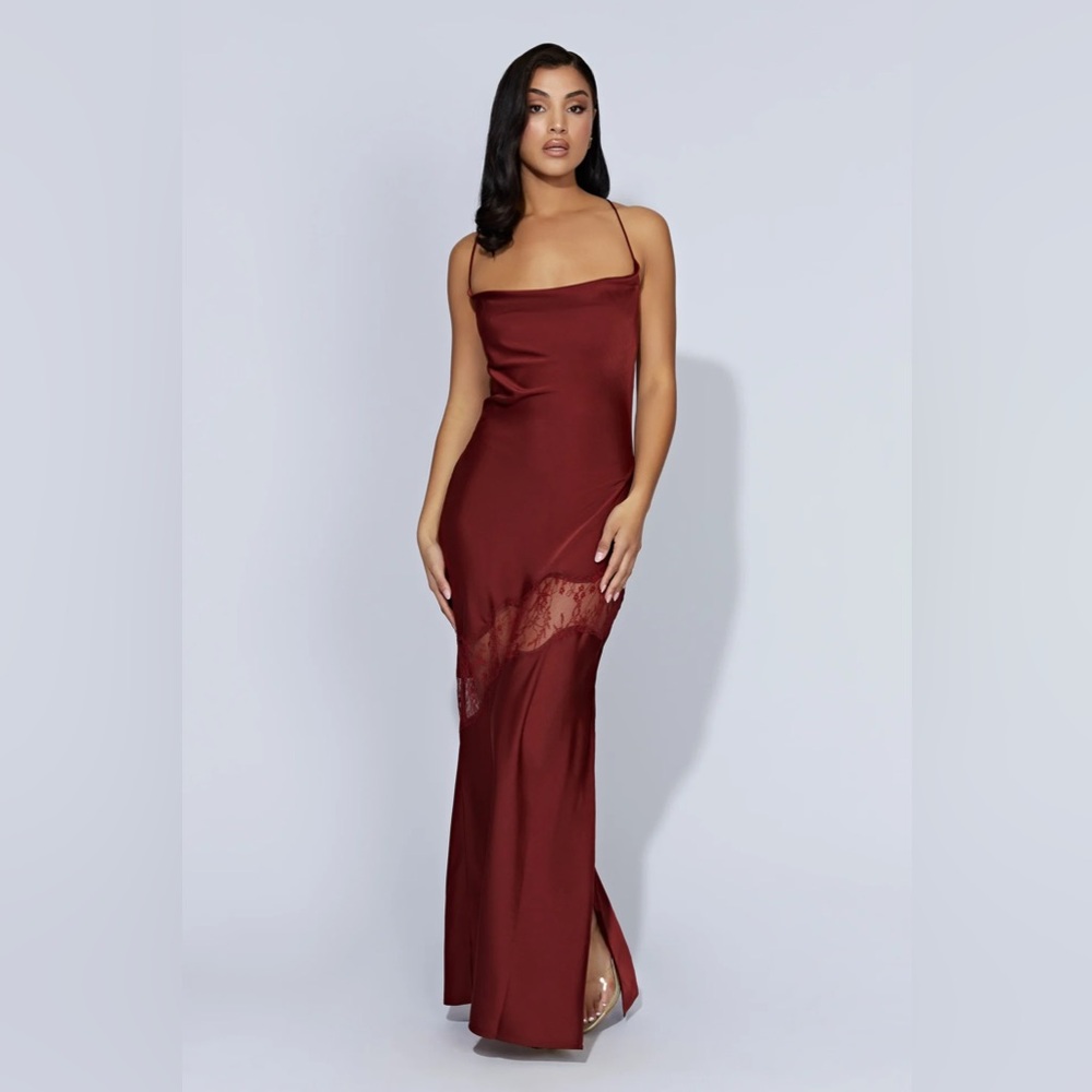 Mekhi Chandra Lace Detail Satin Maxi Dress - Cherry Chocolate